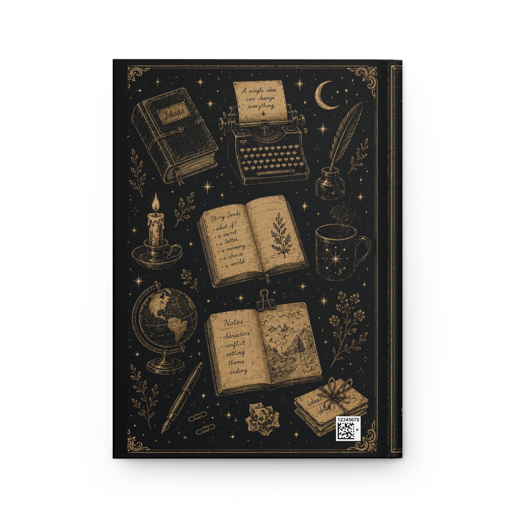 Story Ideas Hardcover Journal — Writer’s Notebook with Quill & Candle Illustration