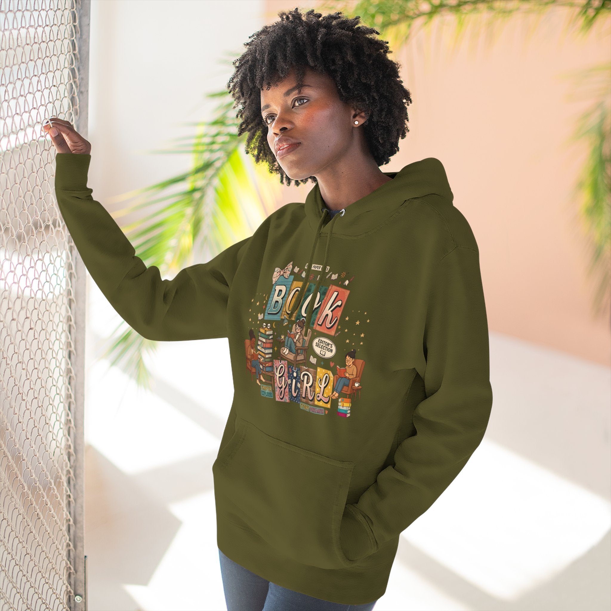 Book Girl Hoodie — Cozy Reading Lovers Pullover with Stacks & Armchair Illustration