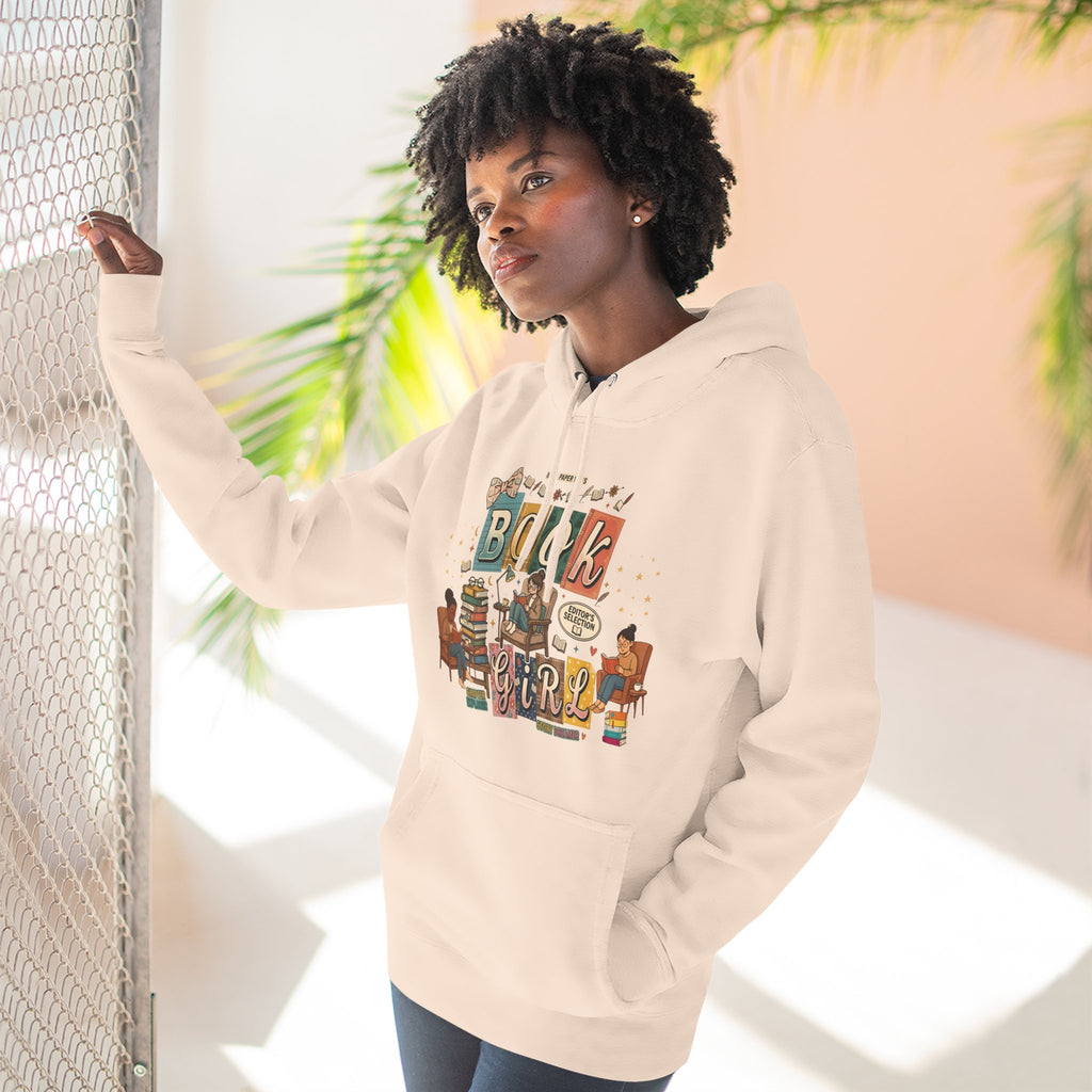 Book Girl Hoodie — Cozy Reading Lovers Pullover with Stacks & Armchair Illustration