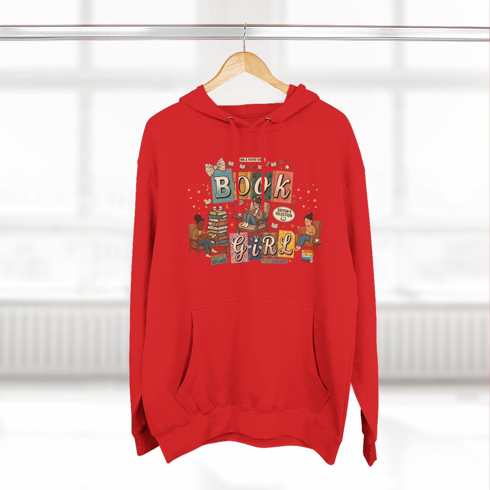 Book Girl Hoodie — Cozy Reading Lovers Pullover with Stacks & Armchair Illustration