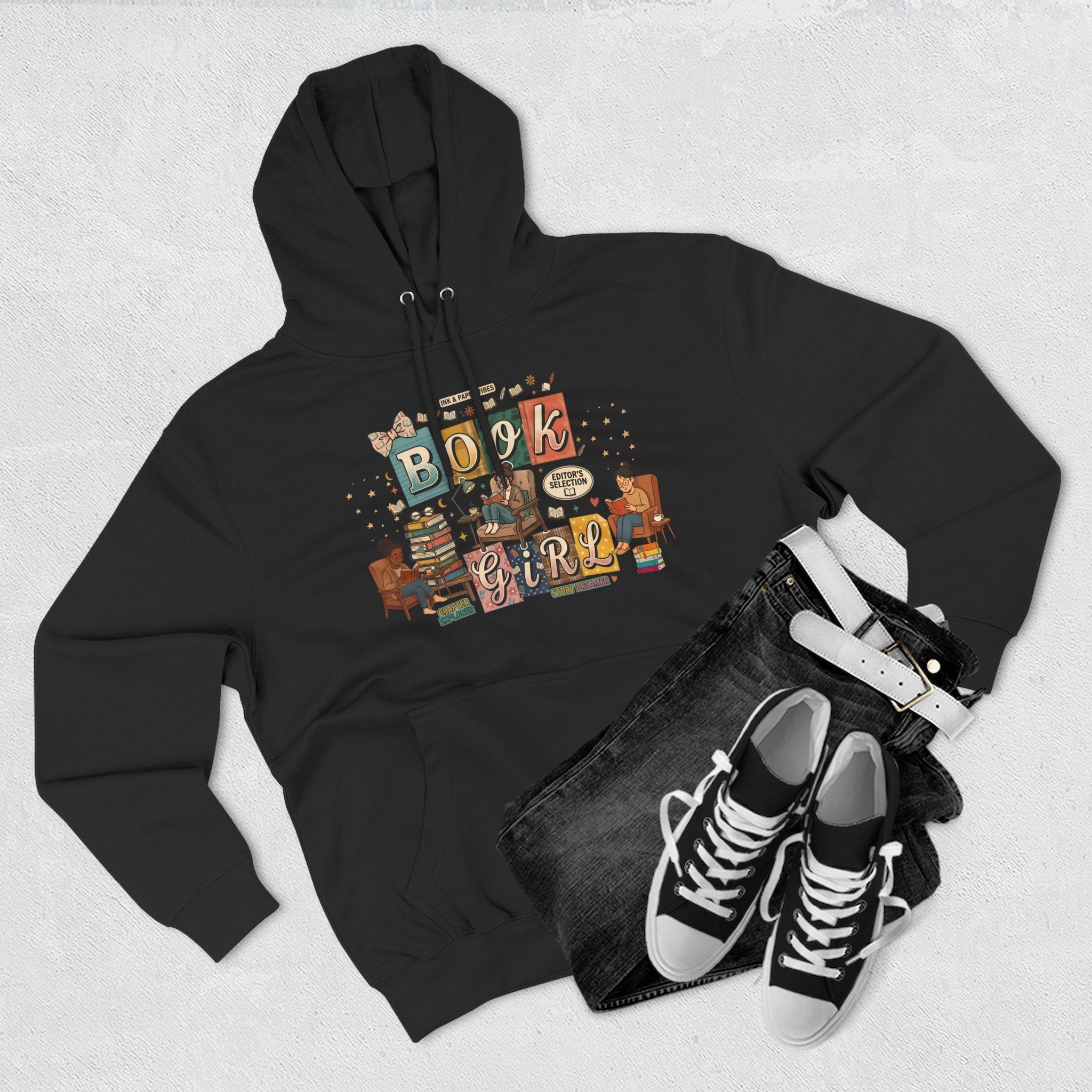 Book Girl Hoodie — Cozy Reading Lovers Pullover with Stacks & Armchair Illustration