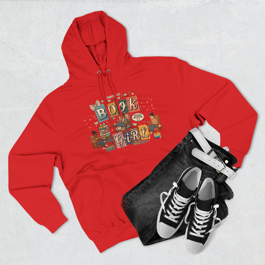 Book Girl Hoodie — Cozy Reading Lovers Pullover with Stacks & Armchair Illustration