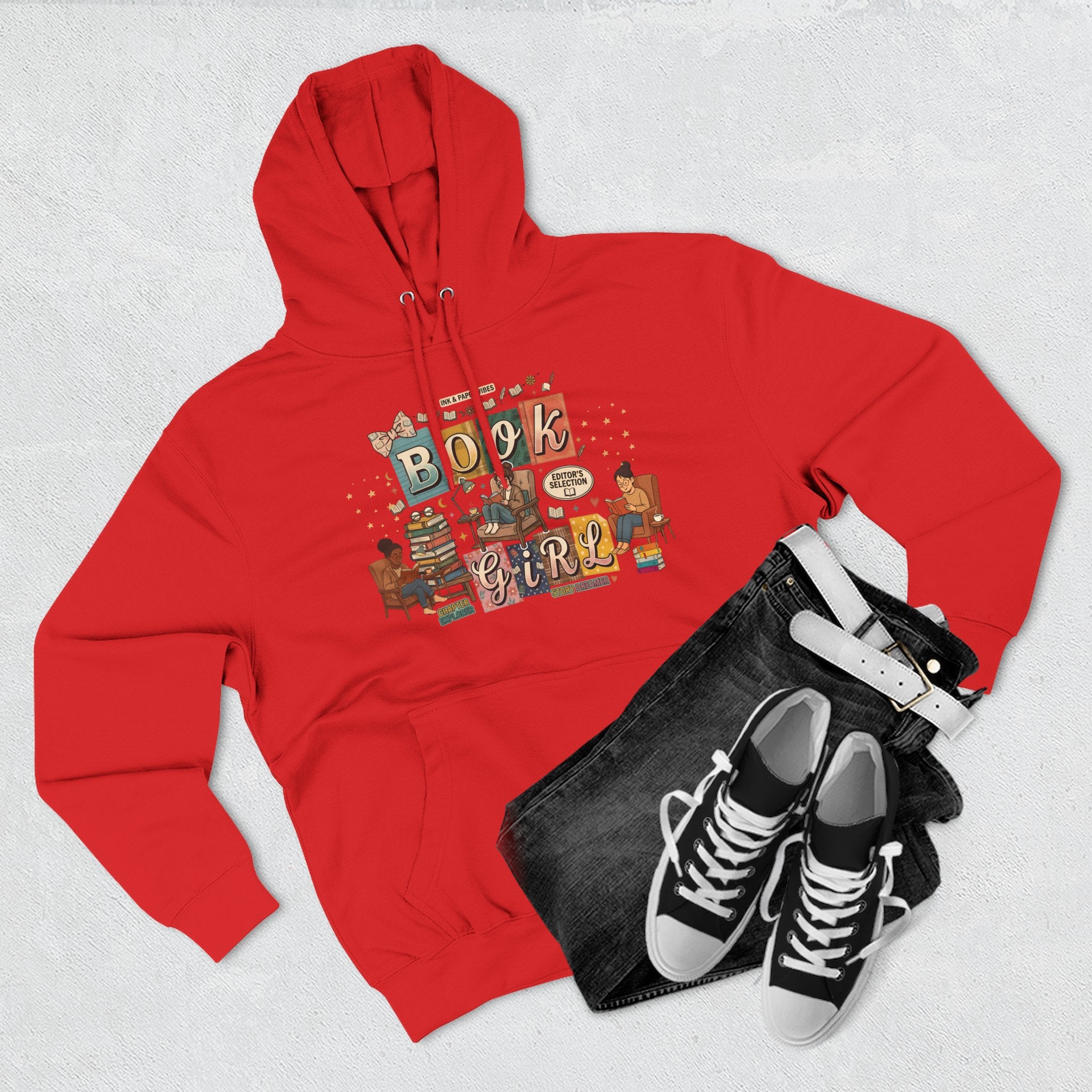 Book Girl Hoodie — Cozy Reading Lovers Pullover with Stacks & Armchair Illustration