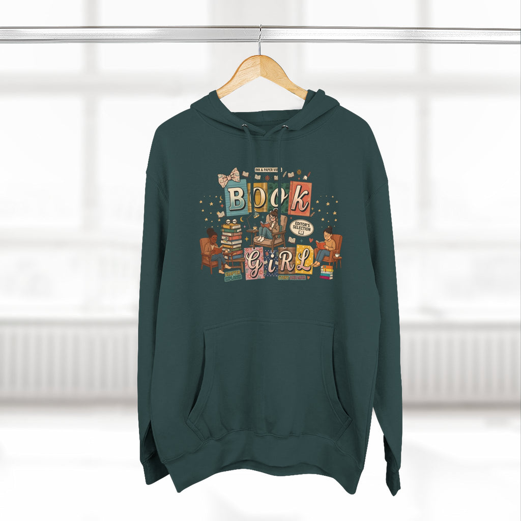 Book Girl Hoodie — Cozy Reading Lovers Pullover with Stacks & Armchair Illustration