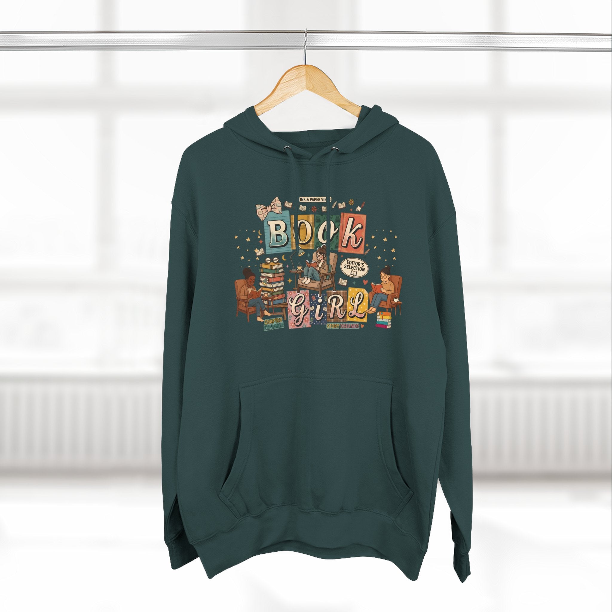 Book Girl Hoodie — Cozy Reading Lovers Pullover with Stacks & Armchair Illustration