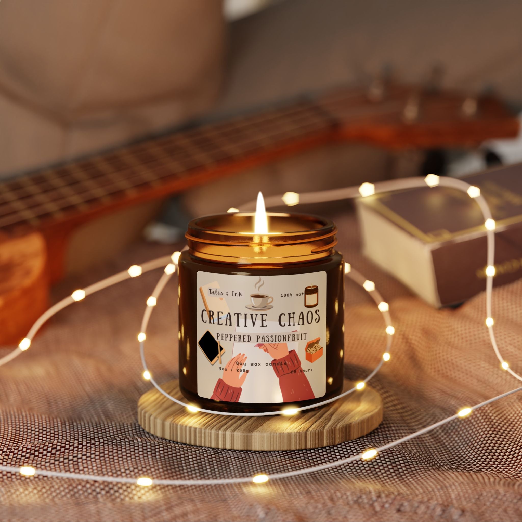 Creative Chaos Soy Candle — Peppered Passionfruit Scent (Amber Jar)